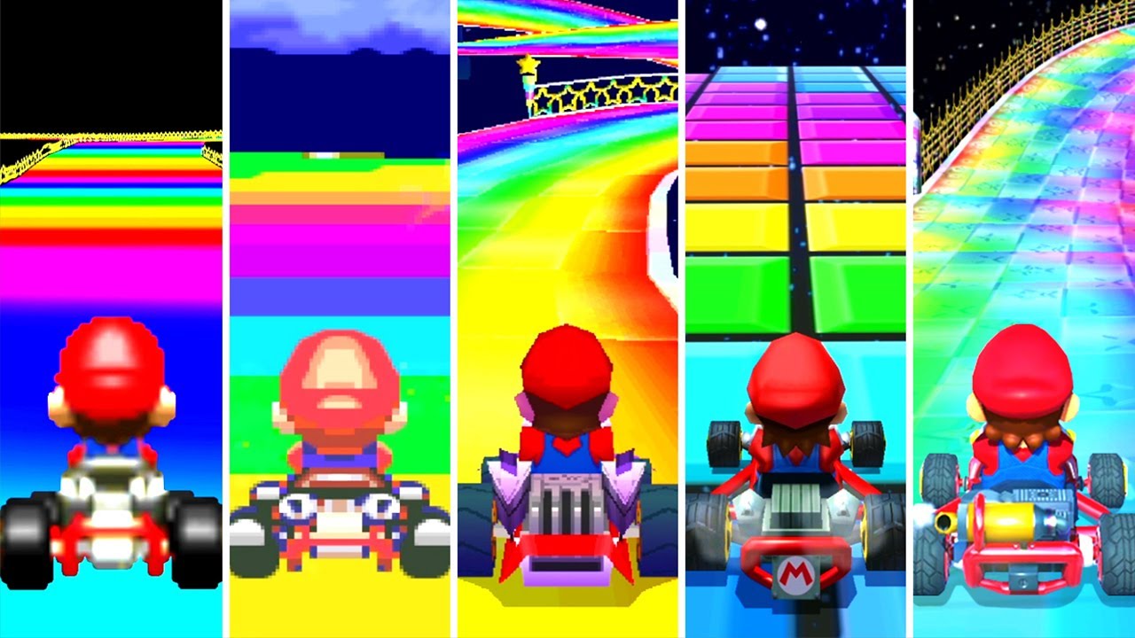Evolution of Rainbow Road in Mario Kart (1992-2019)