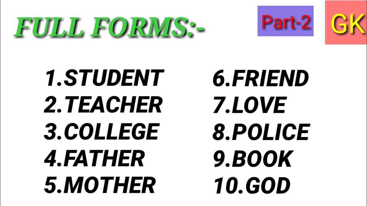 Important Full Forms Part 2 Student Teacher College Father Mother Important Full Forms Part 2 Student Teacher College Father Mother
