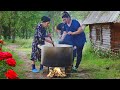 Grandmas extremely delicious recipe cooking traditional dovga on campfire  rural life azerbaijan
