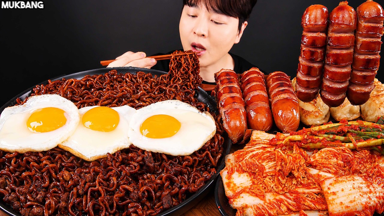 ASMR MUKBANG | Black Bean Noodles, Sausage, Dumpling, Kimchi Korean Food recipe EATING SOUND