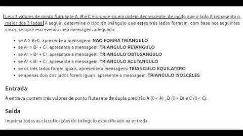 Questão 1045 do Uri Online, Medidas de um triângulo.