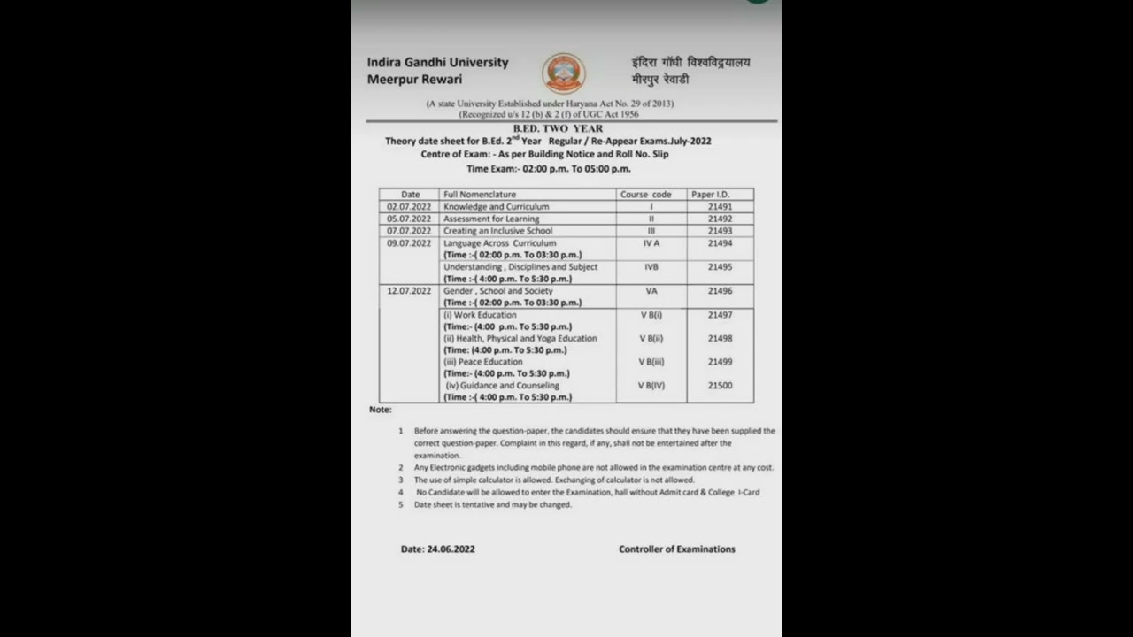 b.ed 2nd year exam date sheet IGU /हरियाणा Nirom YouTube