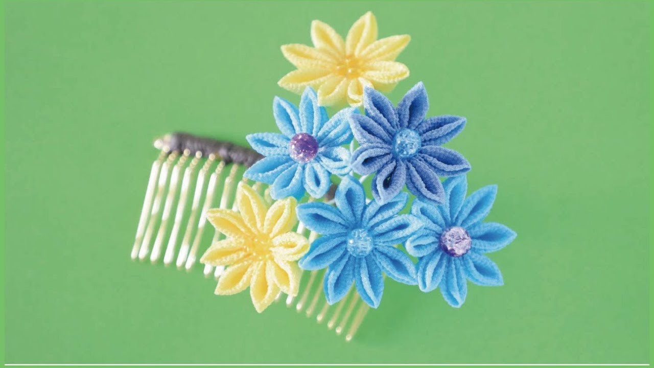 つまみ細工の基本２ DIY kanzashi flower【髪飾り】剣つまみのかんざしコーム