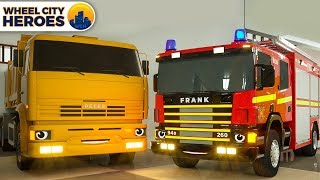 Fire Truck Frank Calls Crane to move Dump Truck Beside - Wheel City Heroes (WCH) Spec Cars Cartoon