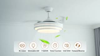 Bedroom Retractable Ceiling Fan With Light 3 Color Dimmable LED Light Remote Control