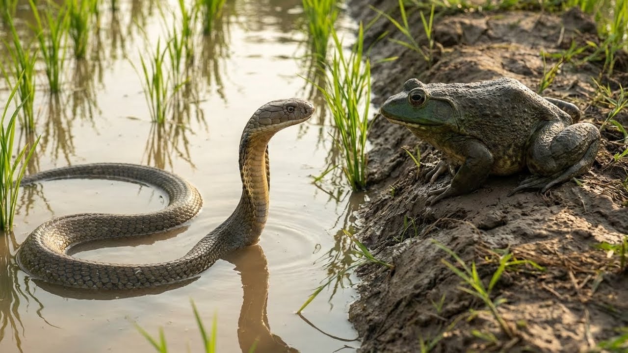 Ядовитая змея против гигантской лягушки — что на самом деле происходит на грязных рисовых полях?