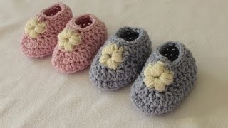 How to crochet puff stitch flower baby booties / shoes / slippers