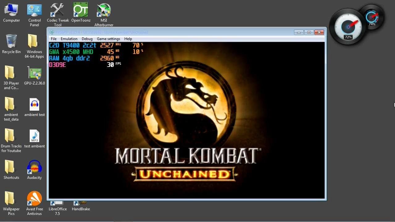 PPSSPP on Intel GMA 4500 MHD + Core2Duo T9400 (2.53GHz) + 4GB ddr2 RAM...PSP MORTAL KOMBAT UNCHAINED
