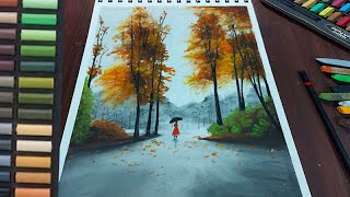 How to Draw Beautiful Roadways Landscape painting with walking Alone Girl - Soft Pastel Drawing screenshot 1