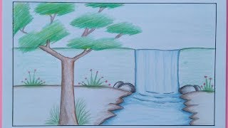 Cara menggambar pemandangan air terjun menggunakan pensil warna faber
castell 24 warna..