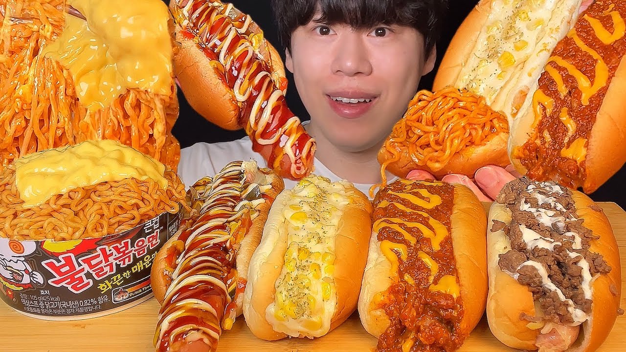 СУБТИТРЫ) Американские хот-доги и острый булдак рамен мукбанг асмр