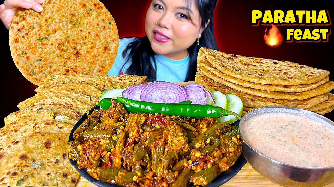 Aloo Paratha, Gobhi Paratha with 🔥Spicy Bhindi Masala | INDIAN FOOD MUKBANG ASMR
