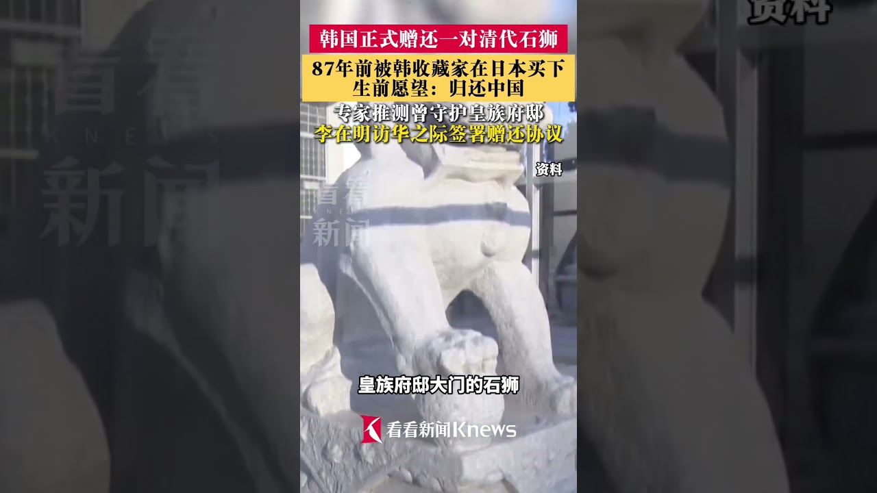 韩国正式赠还一对清代石狮,87年前被韩收藏家在日本买下,专家推测曾守护皇族府邸,李在明访华之际签署赠还协议 #韩国向中国赠还清代石狮 #流失韩国87年清代石狮归国