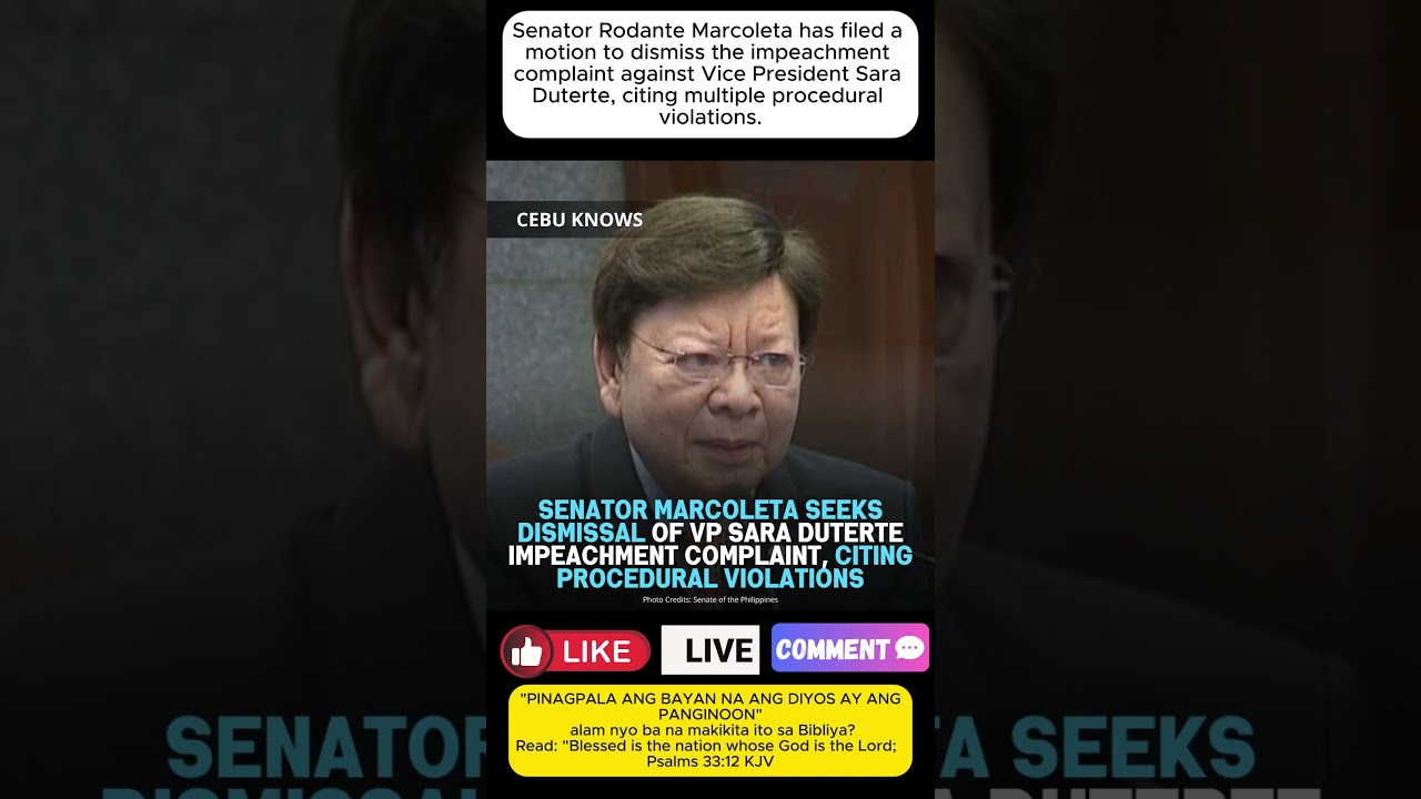 Senator Rodante Marcoleta has filed a motion to dismiss the impeachment complaint against VP SARA D