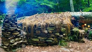 7 Days SOLO SURVIVAL CAMPING  Building BUSHCRAFT STONE SHELTER with FIREPLACE. Outdoor Cooking