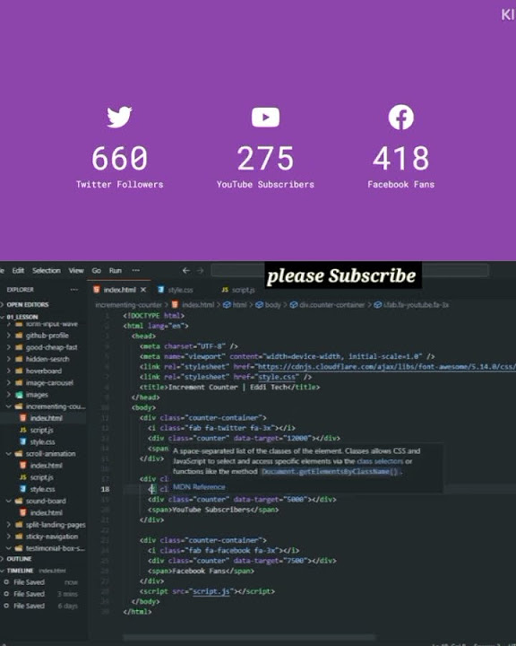How to create incrementing counter using html css and JavaScript - YouTube image.