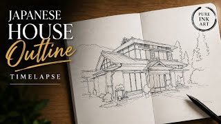 Drawing Outlines of a traditional Japanese House | ink art ✨