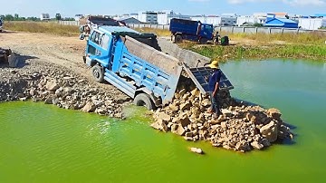 Incredible landfill!! Dangerous Driver Back loading LandSlide By Dozer Pushing Soil Sink Land