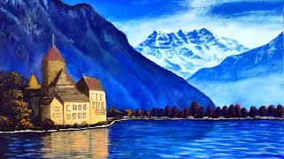 Acrylic painting, snow-capped mountains and lake scenery/丙烯画，雪山与湖风景