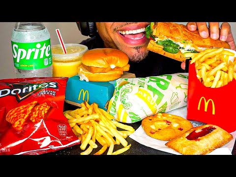 MCDONALD’S VS SUBWAY CHEESEBURGER 6 INCH TUNA SANDWICH DORITOS CRUNCHY CHIPS FRENCH FRIES EATING MUK