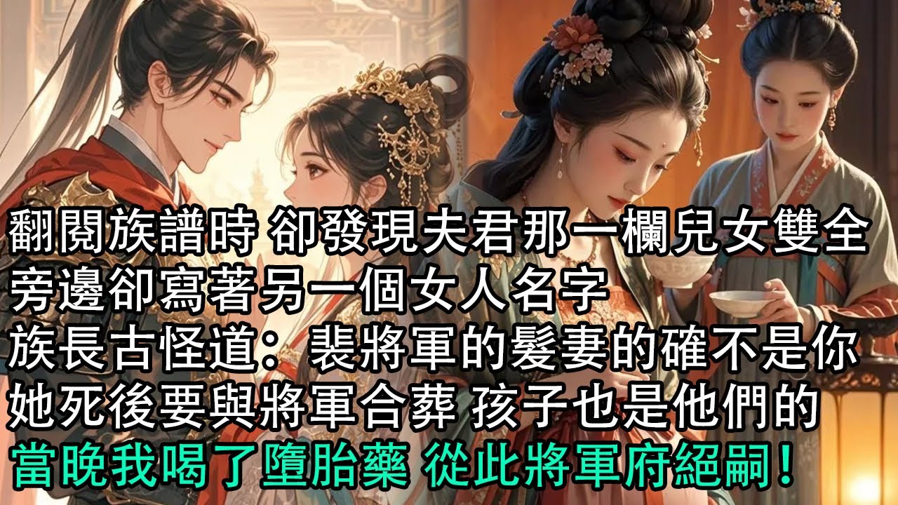 【一口氣看完】翻閱族譜時 卻發現夫君那一欄兒女雙全旁邊卻寫著另一個女人名字，族長古怪道：裴將軍的髮妻的確不是你，她死後要與將軍合葬 孩子也是他們的，當晚我喝了墮胎藥 從此將軍府絕嗣！