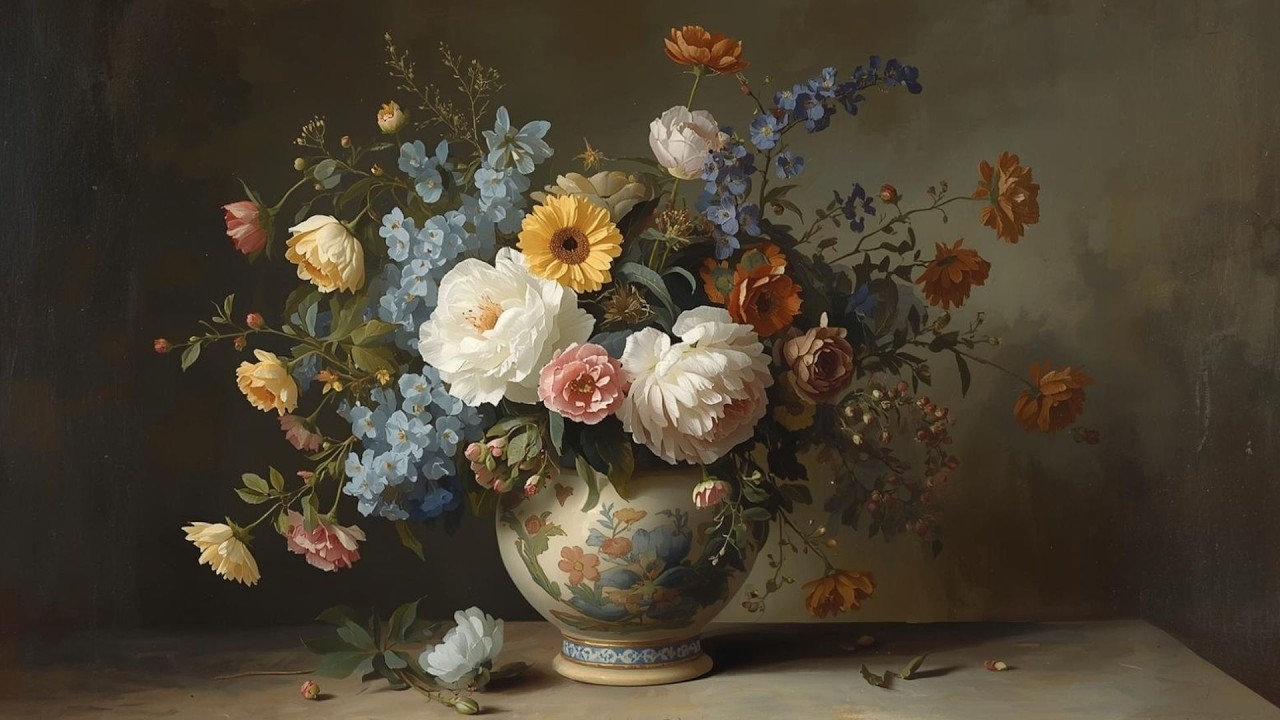 Dark Moody Flower Still Life Painting Peony & Rose | Frame TV Art Display | 2-Hour Screensaver