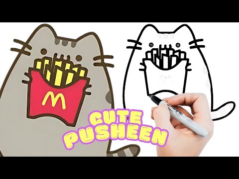 💗HUR MAN tecknar PUSHEEN KITTY ÄTER Pommes frites - SÖT OCH LÄTT ATT teckning