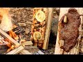 Steak & Fish Cooked On Wooden Plank - Campfire Cooking