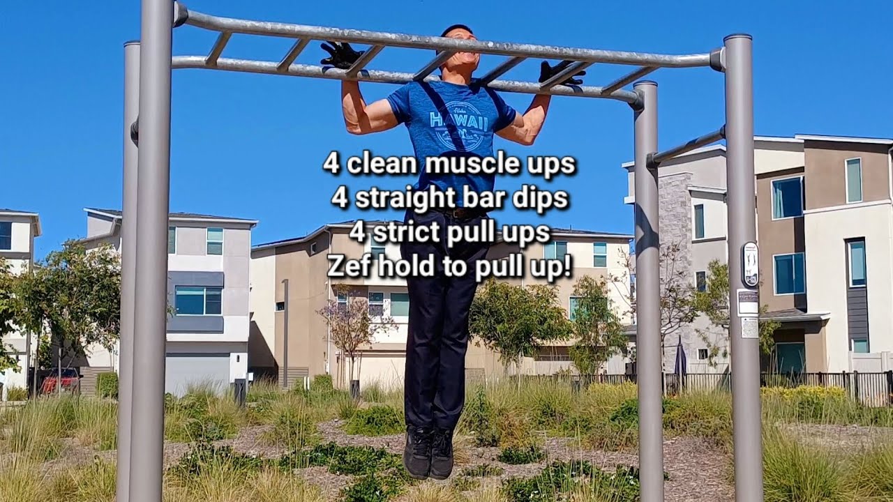 4 clean muscle ups to 4 bar dips to 4 strict pull ups to Zef hold to ...