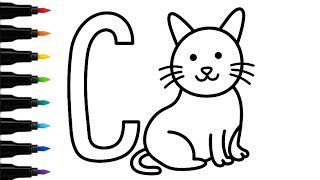 C for Cat Drawing for Kids | Cute Cat Drawing | Alphabet Learning | Easy Coloring Tutorial