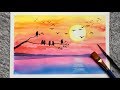 Easy Birds Watercolor Painting Sunset Landscape For Beginners