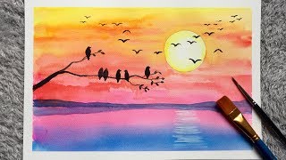 sunset watercolor easy painting landscape birds beginners