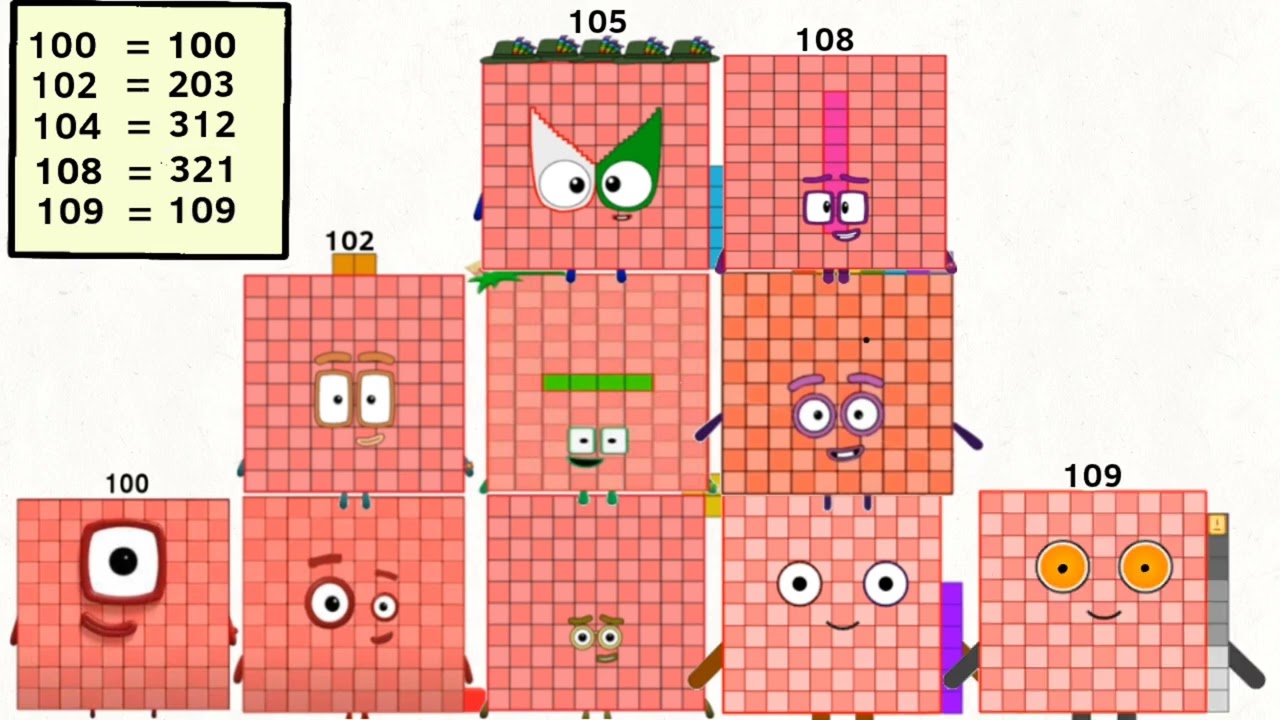Numberblocks combine become values 100 to 110 and total plus value 