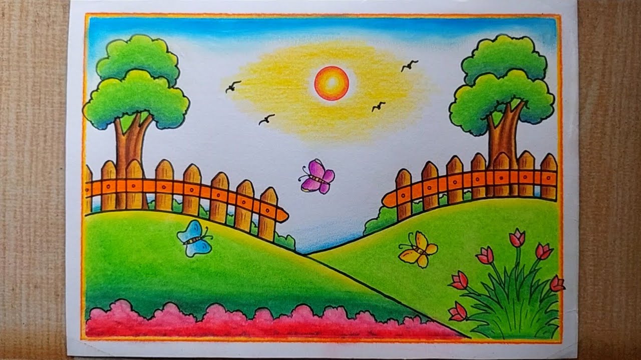 Garden scenery drawing easy| How to draw Easy Scenery drawing| Flower ...
