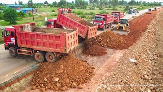 Fantastic Skills Operaotor Shantui Dozer With SINO Truck Spreading Rocks Building Foundation Road