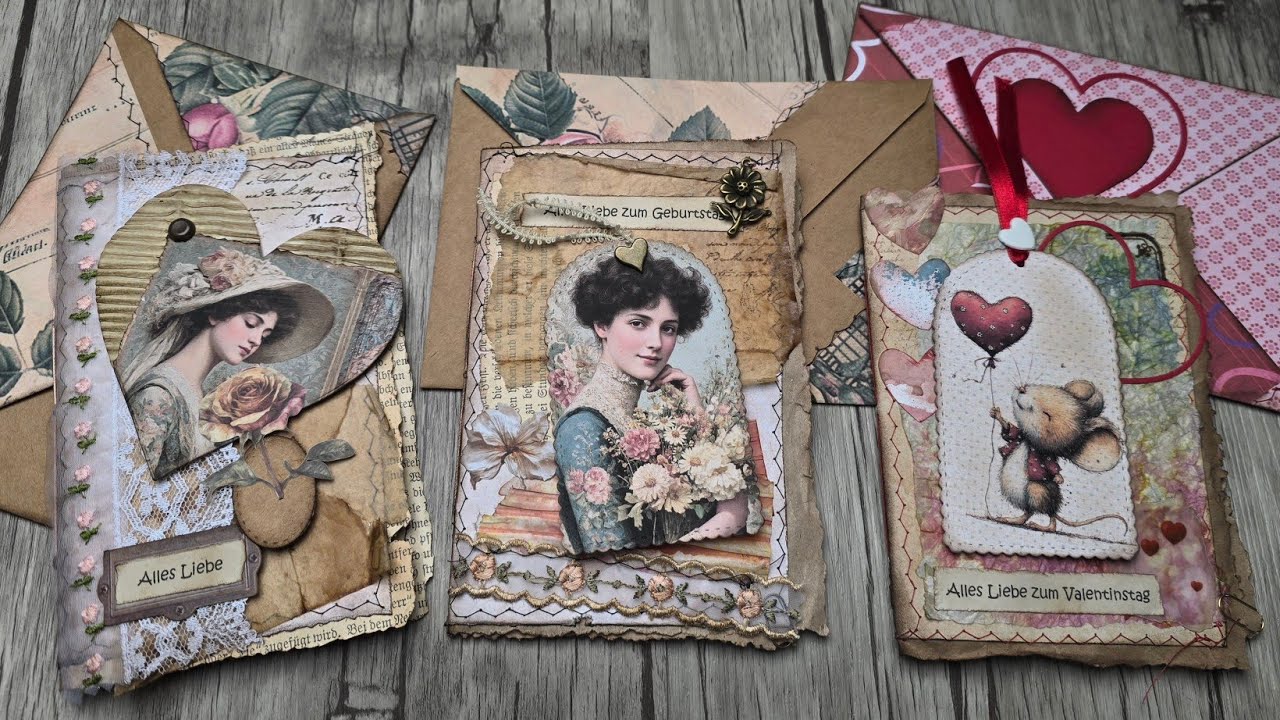 Grußkarten grungy - Karten im Junkjournal-Style - Damen Shabby Vintage Cards + Envelopes 