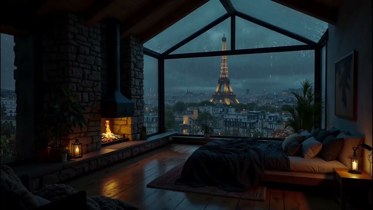 Rainy Night in Paris City 🌧️Luxury Window View, Soft Rain sounds & Warm Fire For Sleeping, Work