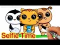 Selfie Time! - EASY How to Draw Penguin, Cat and Dog Friends taking a Group Selfie