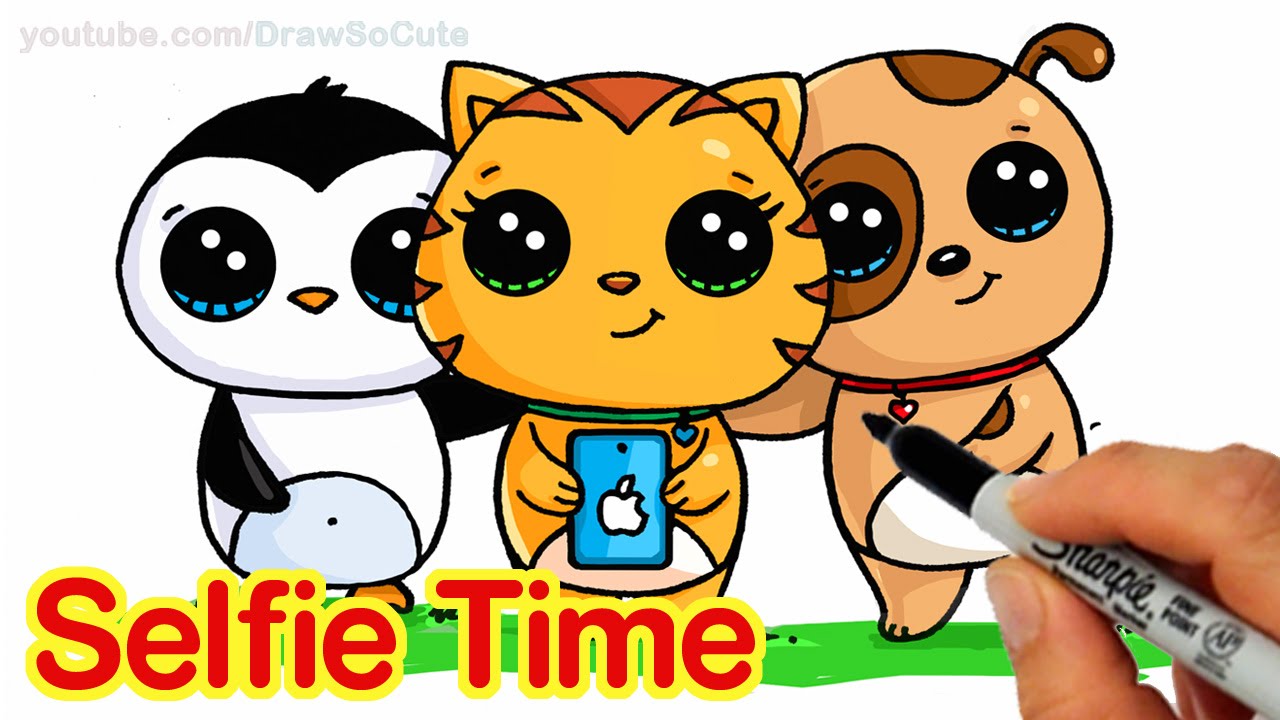 Selfie Time Easy How To Draw Penguin Cat And Dog Friends Taking A Group Selfie Youtube