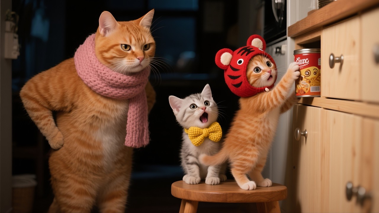 Kittens Sneak Cat Treats Late at Night – Got Caught by Mom Cat!