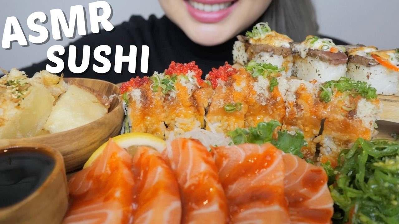 ASMR *SUSHI Aburi Beef Oshi, Red Dragon Roll with Spicy Salmon Sashimi, and Agedashi Tofu | N.E