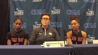 Shanele stires, head coach of the fifth-seeded cal state east bay
pioneers, is joined by zhane duckett and morgan greene as trio discuss
friday night's 7...