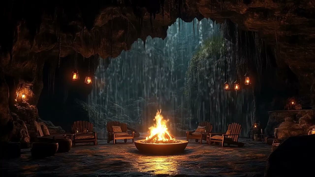 Heavy Rain Outside a Forest Cave with Soft Fireplace for Sleep Relax Study and Focus