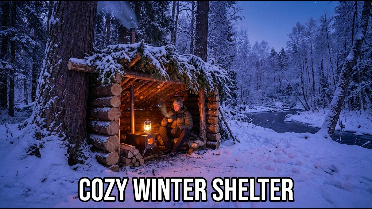 Solo Winter Bushcraft: Building a Warm Log Shelter, Wood Stove Install & Steak Dinner
