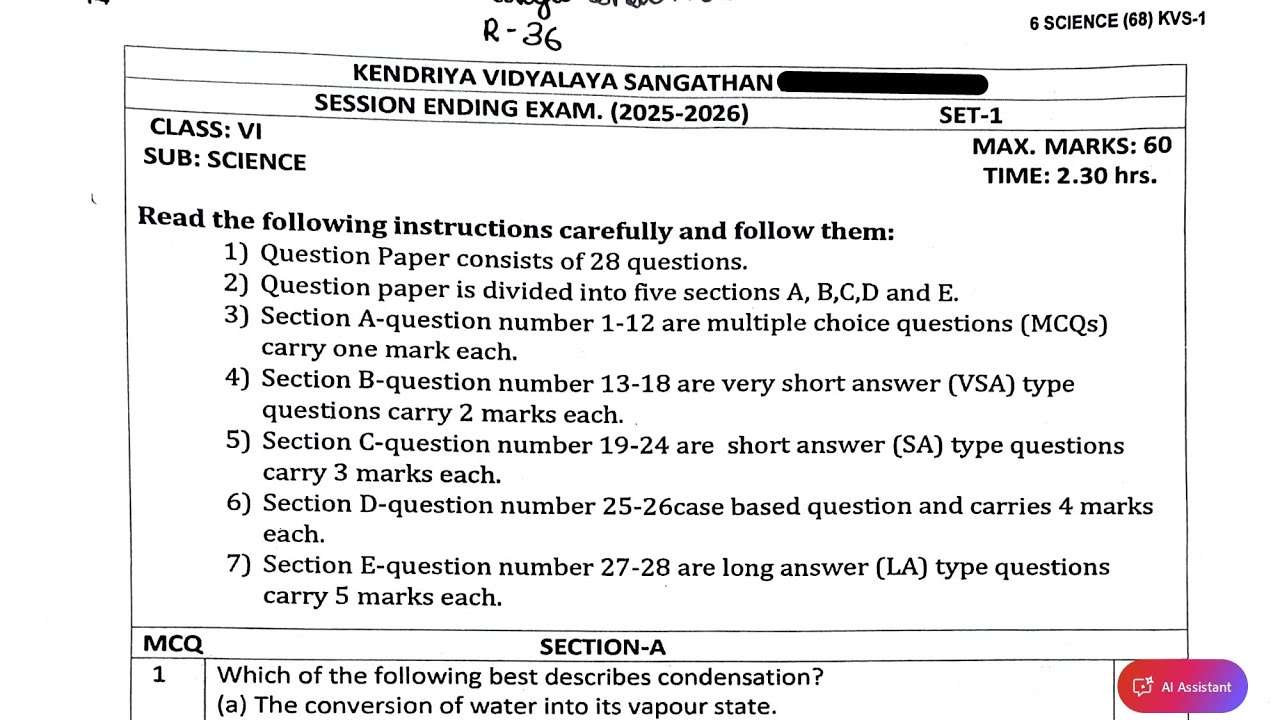 Class-6 Science (Real Paper) Annual Exam 2026 Question Paper Session Ending PM SHRI KV Term2