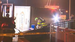 Semi-truck rolls over on bridge in Allegheny County, begins leaking ‘corrosive liquid,’ sources say