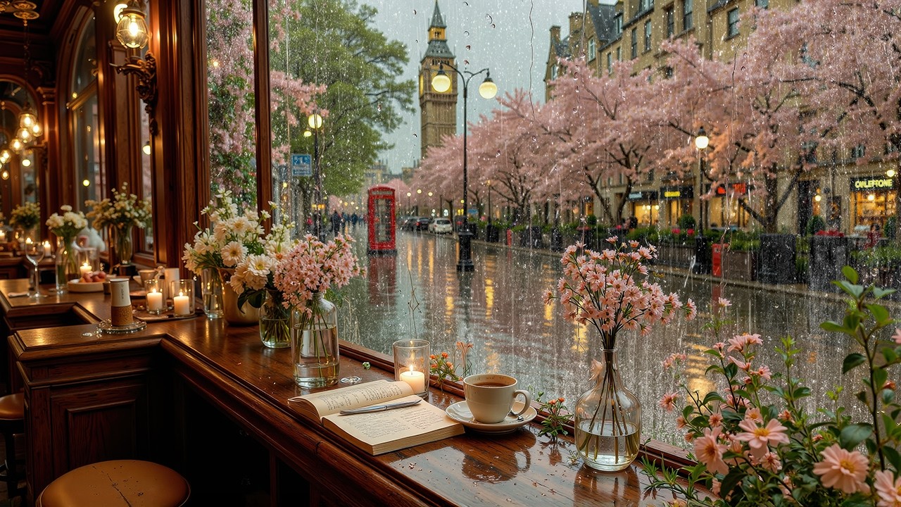 Spring Rain in London - Cozy Window Café Ambience with Smooth Jazz Music for Relax & Coffee Time