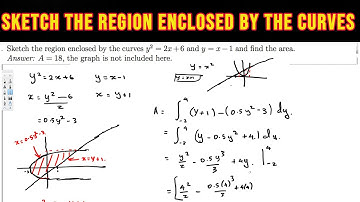 Sketch the region enclosed by the curves y^2 = 2x+6 and y = x−1 and find the area