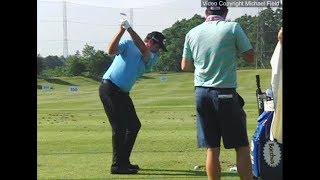 Scott Hend golf swing short-Iron & long-Iron (down-the-line) BMW PGA Wentworth, May 2018.
