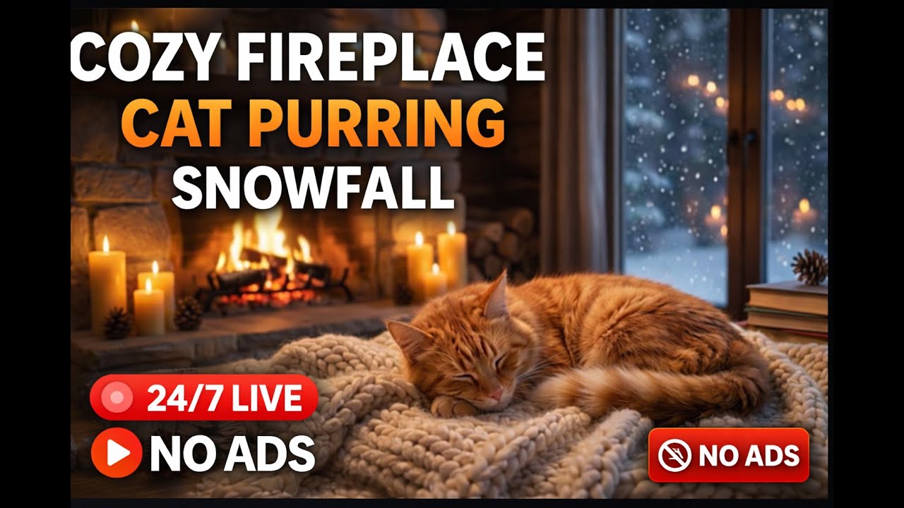 Cozy Fireplace 🔥 &  🐱Cat Purring Sounds    Deep Sleep, Relax & Stress Relief - 3 Hours